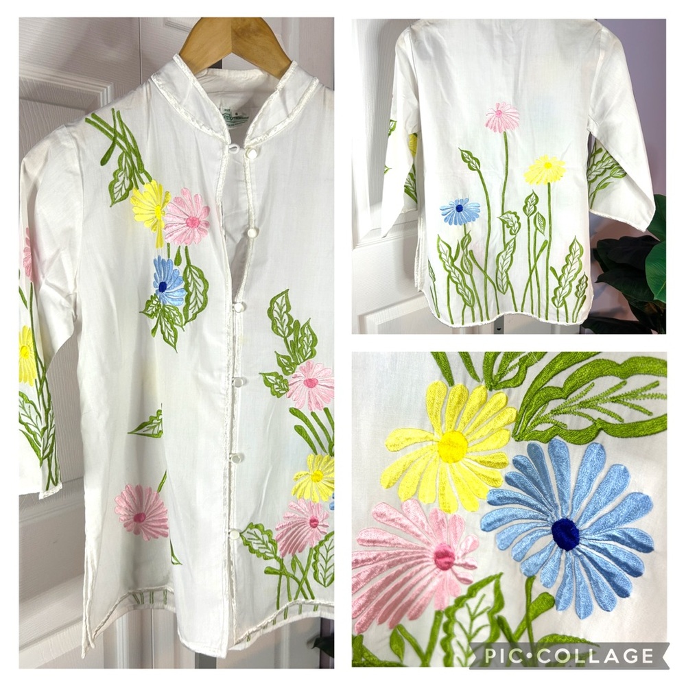 VTG Like New CARO of Honolulu Embroidered Tunic Size 8 White Flowers